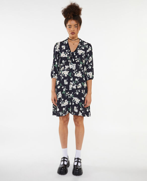 Robe évasée avec col à nouer motif fleurs noir - Pimkie