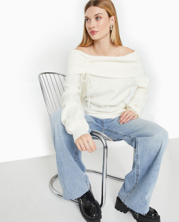Pull oversize avec encolure Bardot et lien coulissé blanc - Pimkie