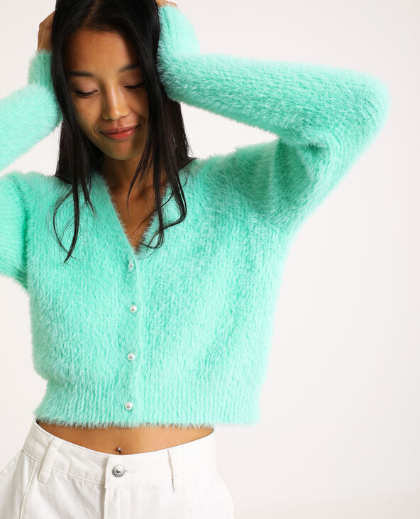 Gilet fluffy à col V vert clair - Pimkie