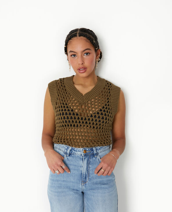 Pull sans manches en maille ajourée vert kaki - Pimkie