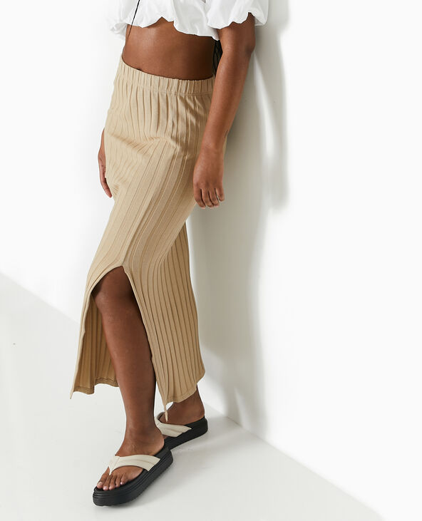 Jupe longue en maille côtes plates beige - Pimkie