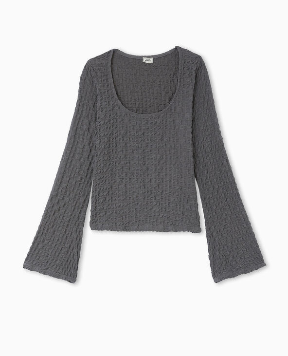 Top manches longues en maille gaufrée gris foncé - Pimkie