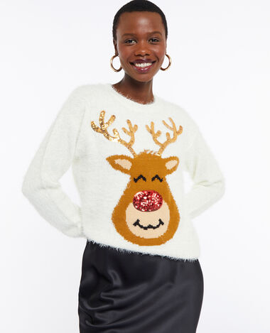 Pull de Noël avec renne en maille et sequins blanc - Pimkie