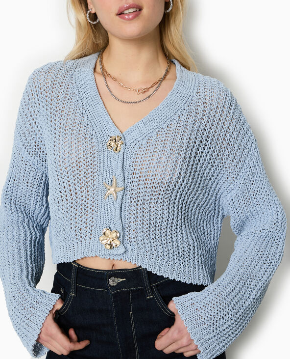 Gilet court en maille ajourée avec boutons bijoux bleu - Pimkie