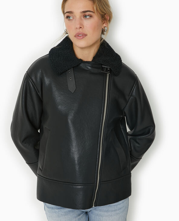 Blouson bombardier en simili avec sherpa noir - Pimkie