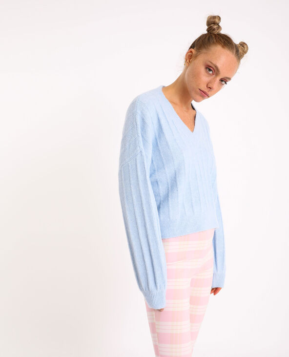 Pull grand col V bleu - Pimkie