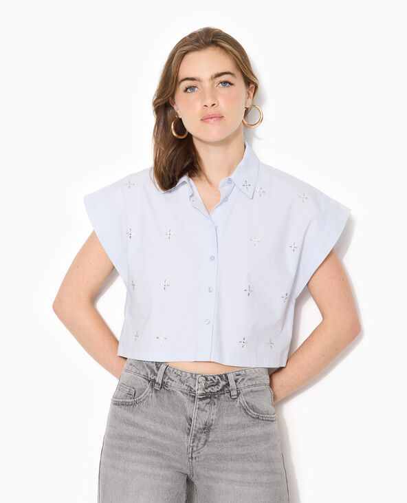 Chemise ample et courte avec strass bleu clair - Pimkie