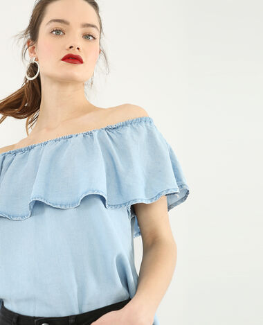 Blouse volant bardot Jean bleached - Pimkie