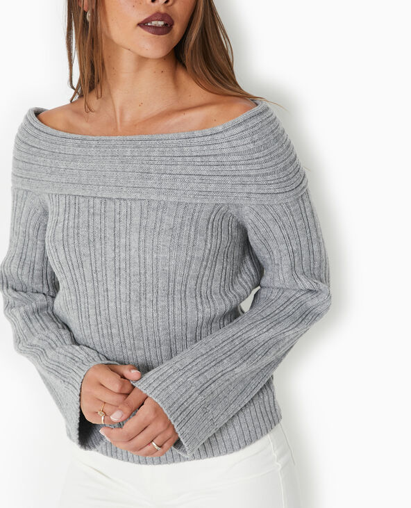Pull en maille côtelée avec encolure Bardot gris chiné - Pimkie