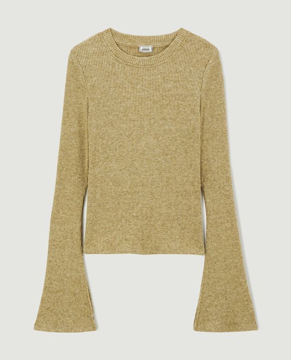 Pull fin en maille côtelée col rond vert olive - Pimkie