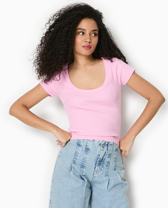 T-shirt maille côtelée grande encolure rose - Pimkie