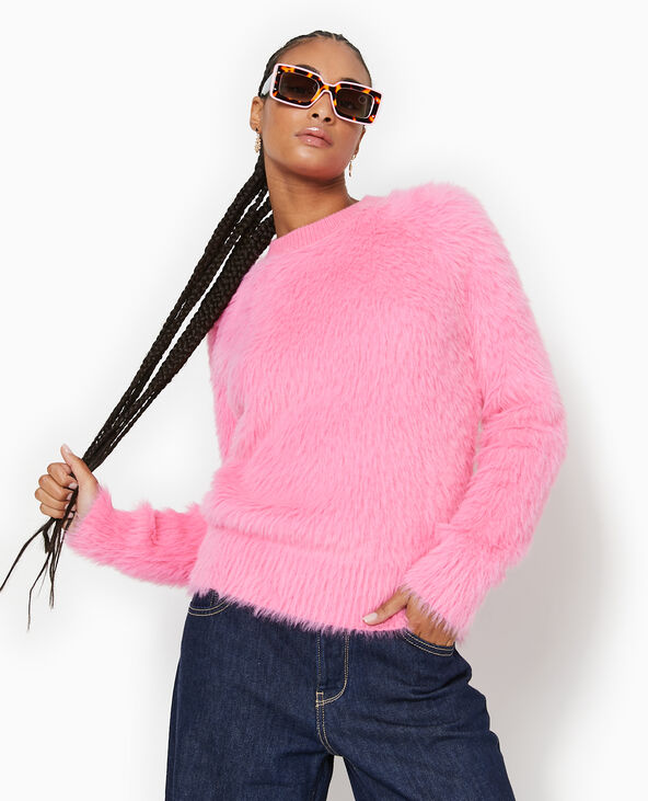 Pull col rond en maille fluffy et poilue rose - Pimkie