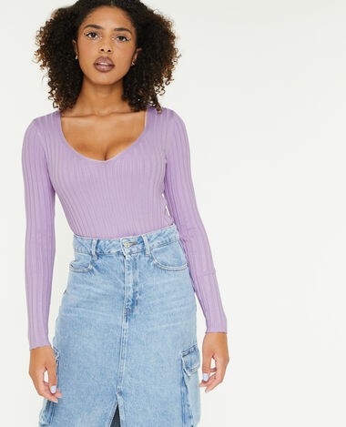 Pull col V maille côtes plates lilas - Pimkie