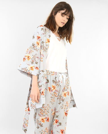 Kimono homewear satiné fleuri bleu - Pimkie