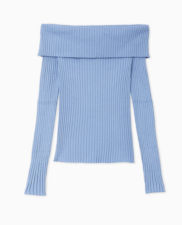 Pull maille côtelée encolure Bardot bleu - Pimkie