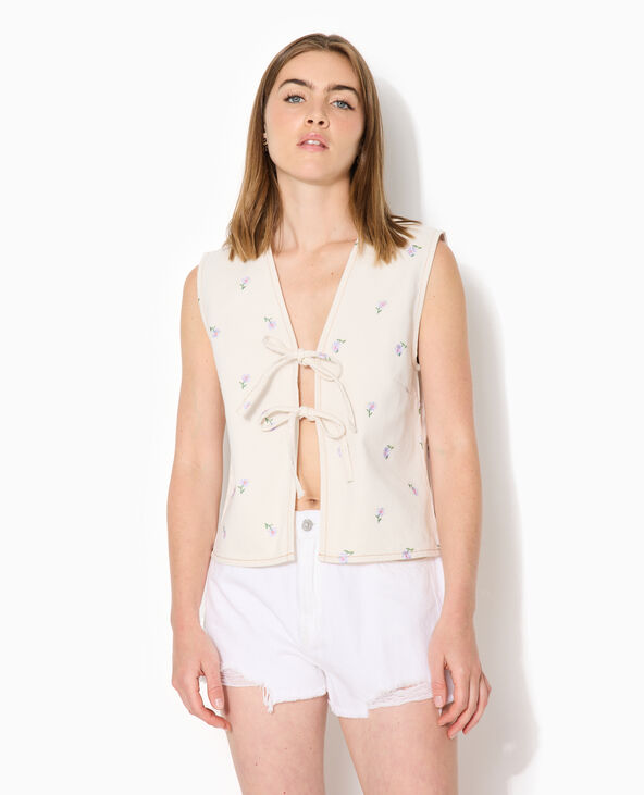 Veste sans manche en jean avec broderies fleurs blanc - Pimkie