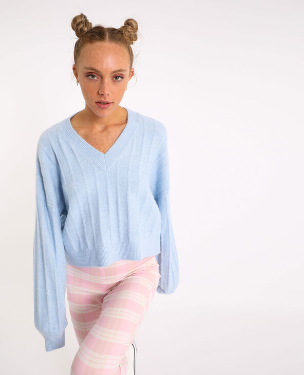 Pull grand col V bleu - Pimkie