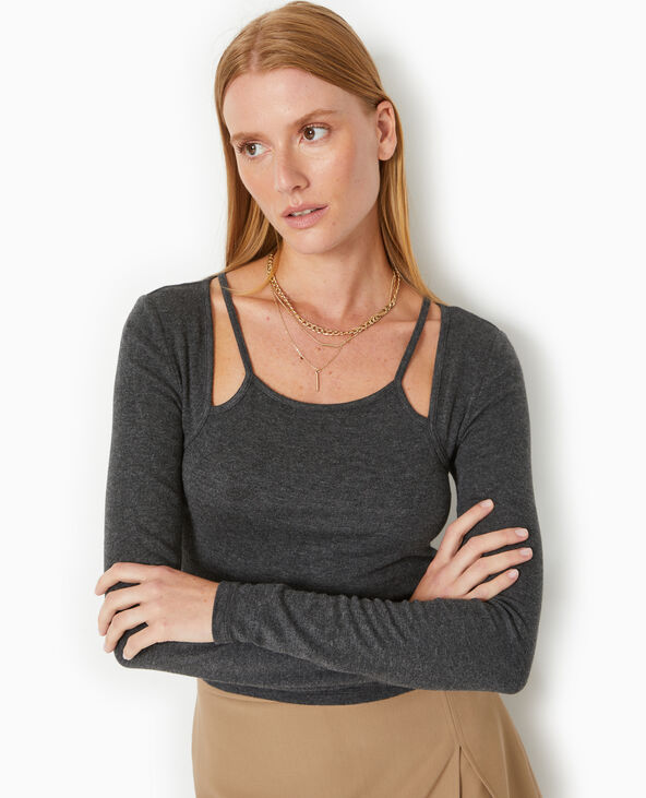 Top avec effet de superposition débardeur + gilet gris chiné - Pimkie