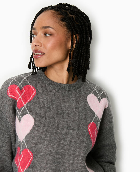 Pull col rond motif jacquard et cœurs gris foncé - Pimkie