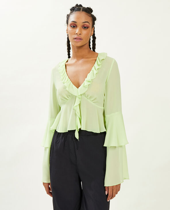 Blouse avec volants en voile vert anis - Pimkie
