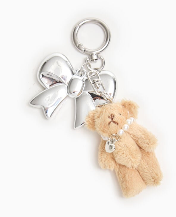 Porte-clé avec mini-peluche et nœud métal argenté - Pimkie