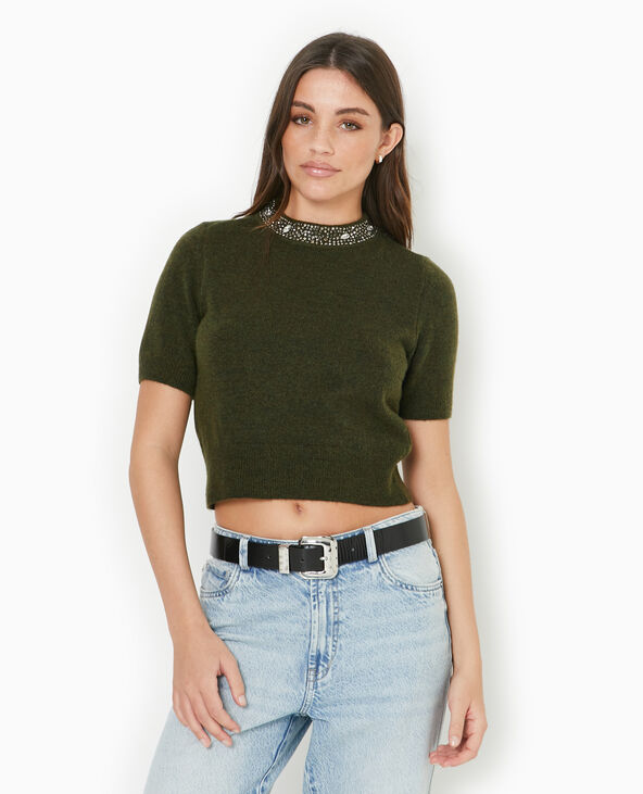 Pull manches courtes avec brillants vert kaki - Pimkie