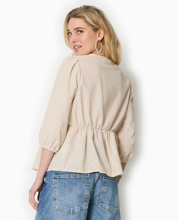 Blouse rayée avec nouettes et manches bouffantes beige - Pimkie