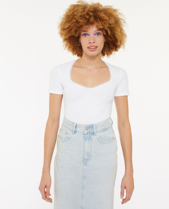 T-shirt encolure cœur avec dentelle blanc - Pimkie
