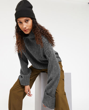 Pull court col roulé en maille côtes plates gris foncé - Pimkie
