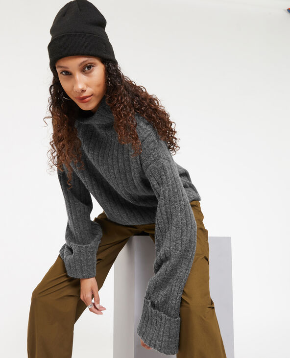 Pull court col roulé en maille côtes plates gris foncé - Pimkie