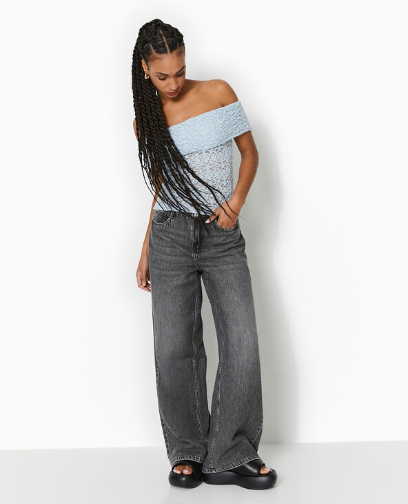 Top en dentelle encolure Bardot bleu clair - Pimkie