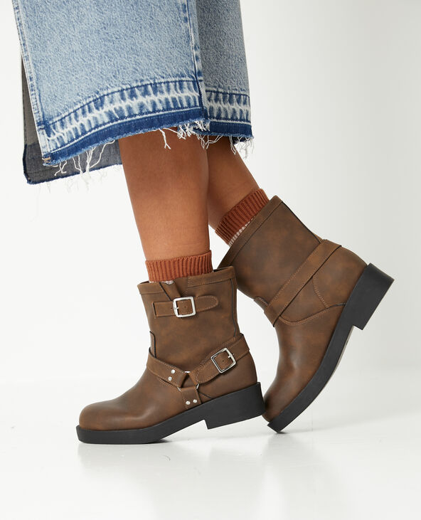 Boots motardes avec détails brides et boucle marron - Pimkie