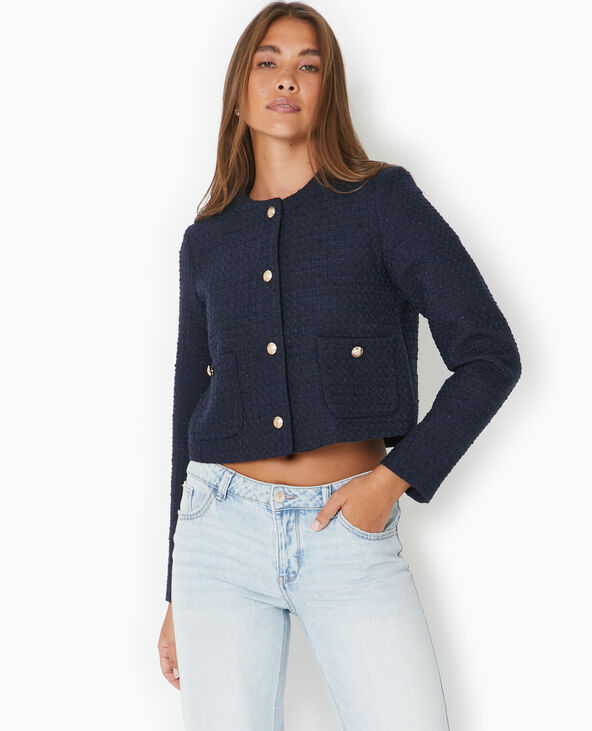 Veste droite en tweed avec boutons dorés bleu marine - Pimkie