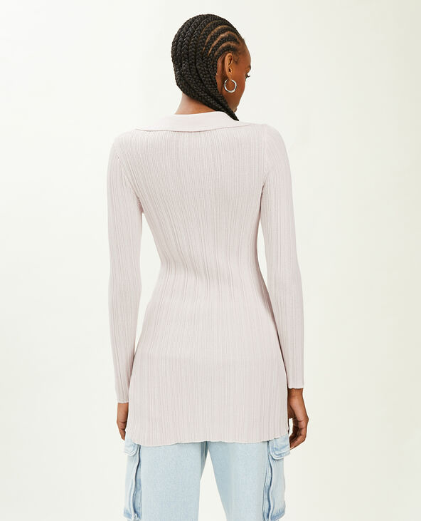 Gilet long en maille côtelée col polo écru - Pimkie