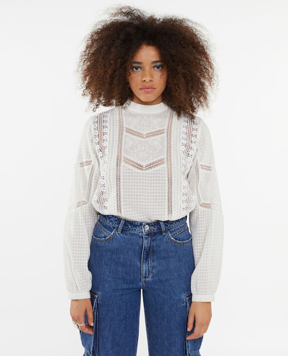 Blouse manches longues broderie et dentelle  blanc - Pimkie