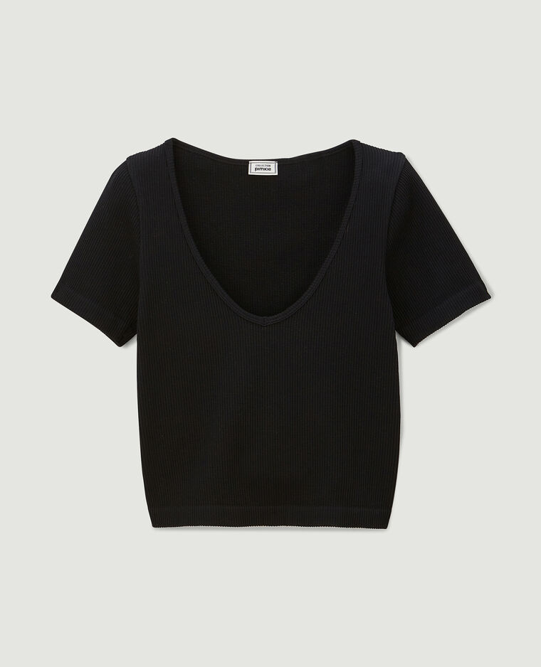 T-shirt cropped col V noir - Pimkie