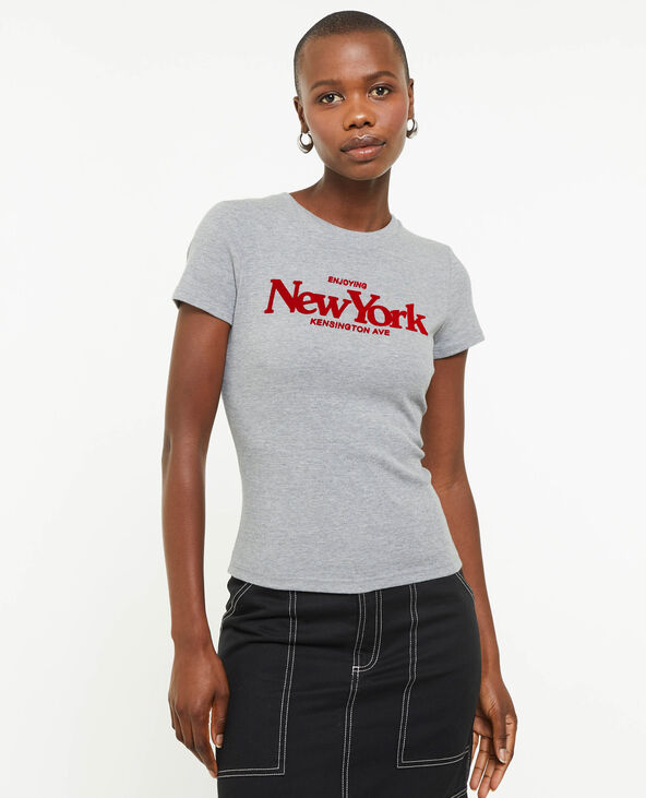 T-shirt manches courtes avec flocage velours gris chiné - Pimkie
