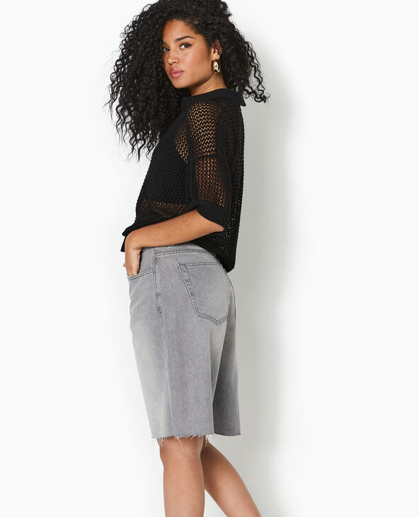 Pull polo manches courtes en maille ajourée noir - Pimkie