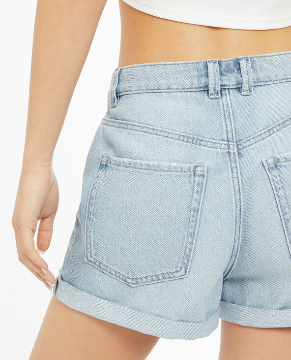 Short en jean loose taille haute bas roulottés bleu clair - Pimkie