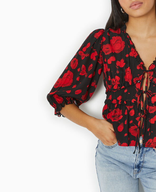 Blouse avec nouettes et volants motif roses noir - Pimkie