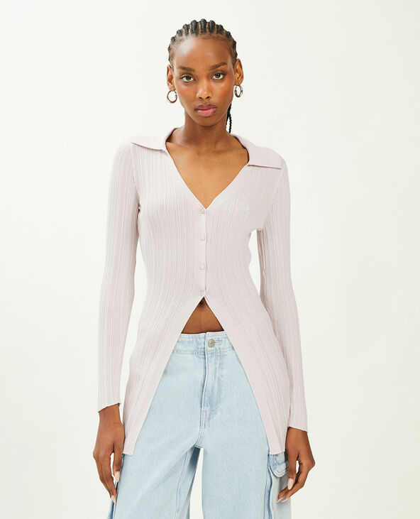 Gilet long en maille côtelée col polo écru - Pimkie