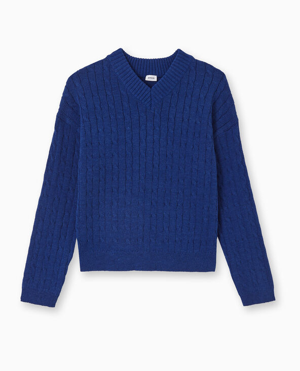 Pull en maille torsadée col V bleu marine - Pimkie