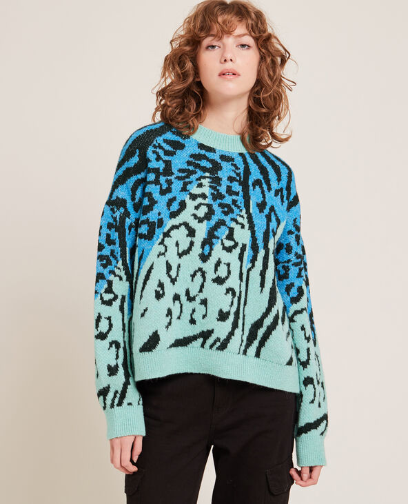 Pull chaud doux bleu pastel motif léopard kaki lurex Ada