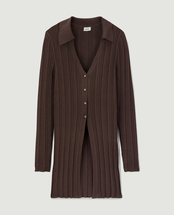 Gilet long en maille côtelée col polo marron - Pimkie