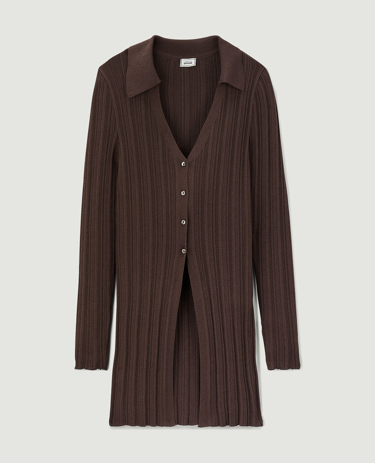 Gilet long en maille côtelée col polo marron - Pimkie