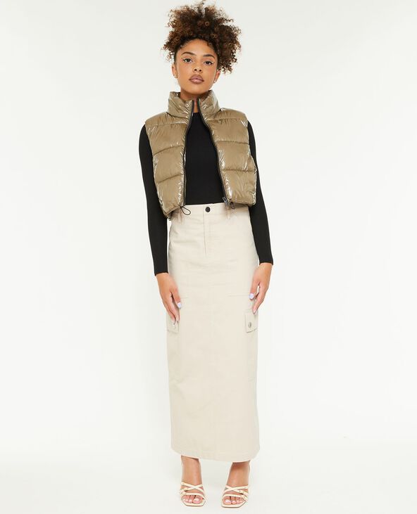 Jupe longue en toile avec surpiqûres beige - Pimkie