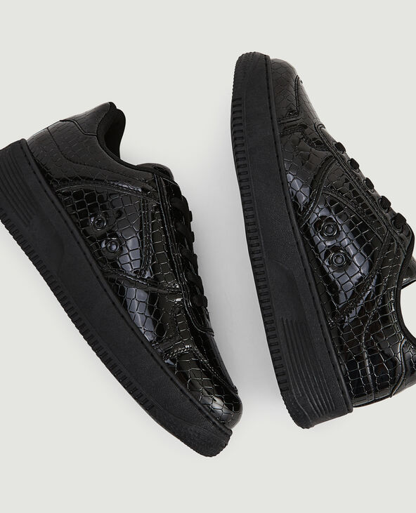 Sneakers en simili effet croco verni noir - Pimkie