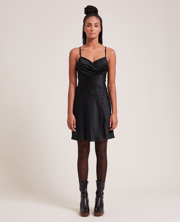 Robe courte cache-cœur en satin noir - Pimkie