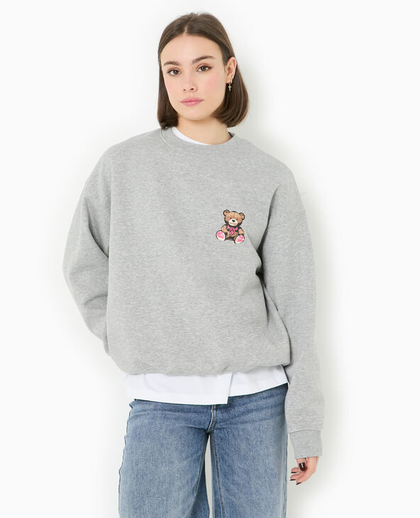 Sweat col rond avec print poitrine et dos gris chiné - Pimkie