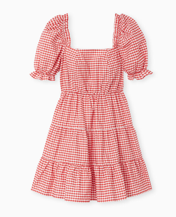 Robe courte avec manches ballons motif vichy rouge - Pimkie
